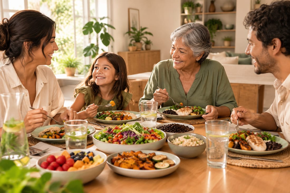 Família reunida à mesa em uma refeição variada e colorida