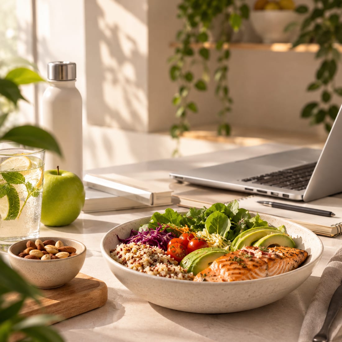 Refeição equilibrada com salmão, quinoa, salada e abacate sobre uma mesa clara